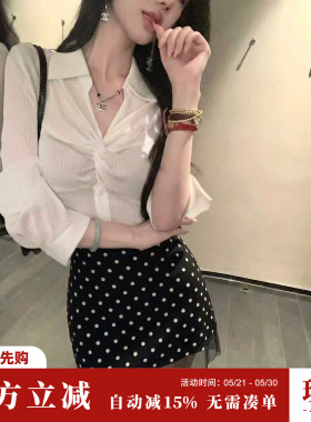 Sun雅乔【伦敦画报】夏季新款百搭黑色网纱拼接波点半身裙A字短裙