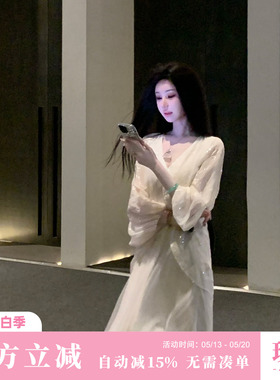 Sun雅乔【金玉浮图】春装复古提花宽松蝙蝠袖假两件长袖连衣长裙