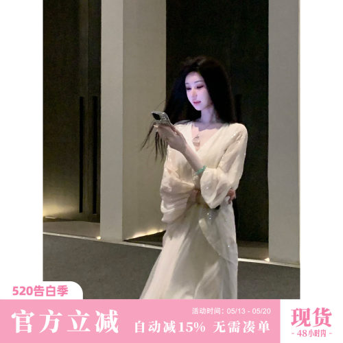 Sun雅乔【金玉浮图】春装复古提花宽松蝙蝠袖假两件长袖连衣长裙