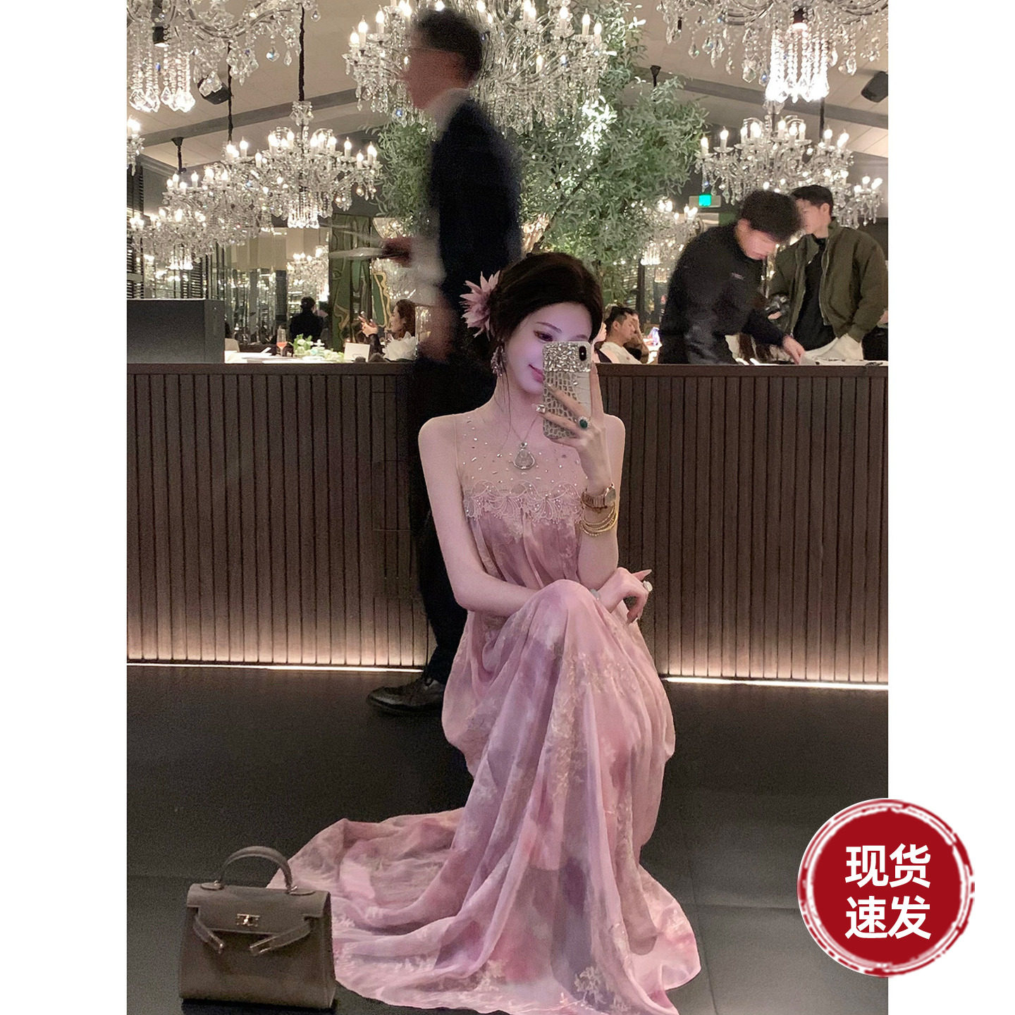 Sun雅乔【富贵花】初夏新款烫钻网纱拼接金线绣花晕染无袖连衣裙图片
