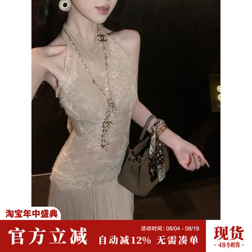 Sun雅乔【以水为名】夏季御姐气质露背无袖立领蕾丝百褶礼服长裙