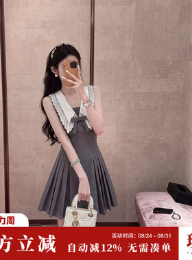 Sun雅乔【圣西尔】夏季无袖大翻领减龄蕾丝蝴蝶结收腰百褶连衣裙