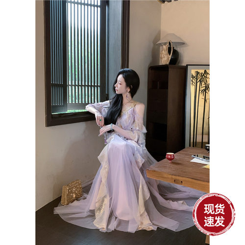 Sun雅乔【仲夏夜】夏季重磅气质金线刺绣晕染碎花荷叶边连衣裙