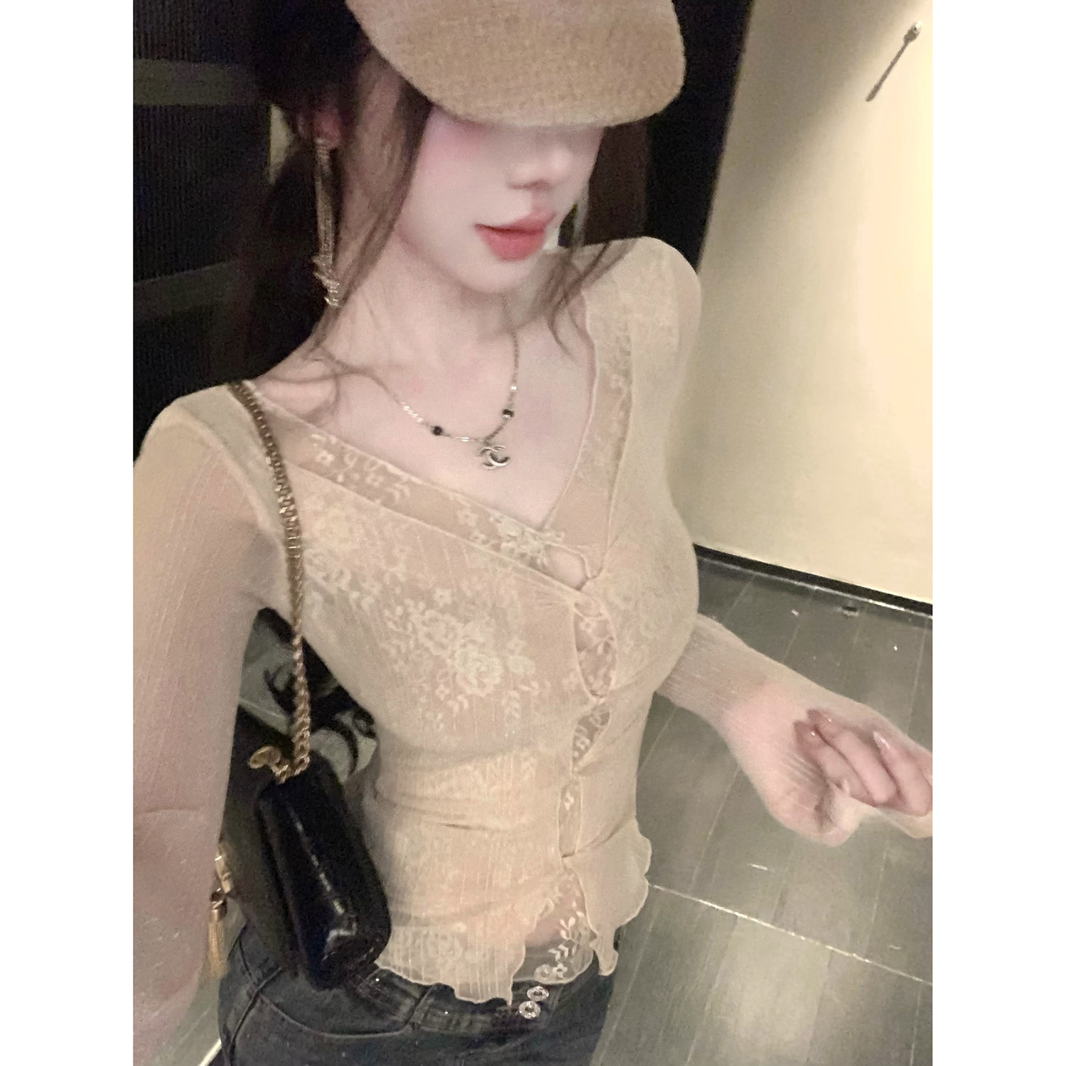 Sun雅乔【香氛弥漫】夏薄款纯欲修身假两件长袖修身打底衫上衣女图片