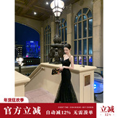 夜月生辉 秋季 新款 Sun雅乔 修身 高级感蕾丝亮片V领吊带连衣长裙