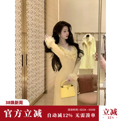 Sun雅乔【娇嗲女人】秋冬新款修身领口蕾丝花边长袖针织连衣长裙