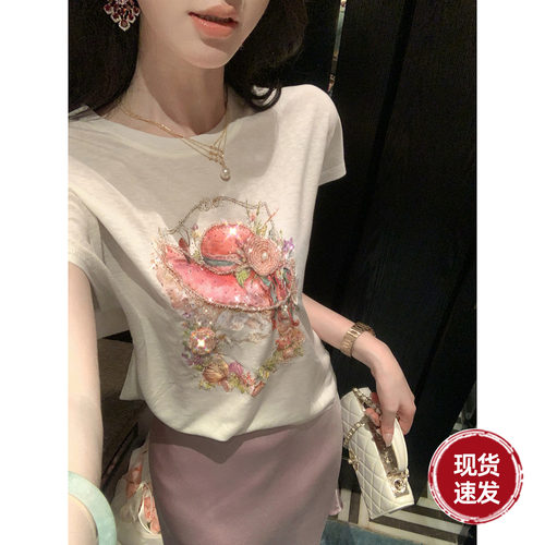 Sun雅乔【庄园闲叙】夏圆领宽松重工钉珠莱赛尔冰感短袖T恤上衣女