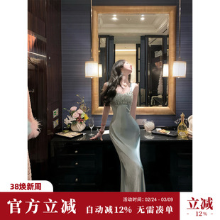 Sun雅乔【月光宝石】春装长款重工蕾丝刺绣钉钻吊带连衣裙礼服裙