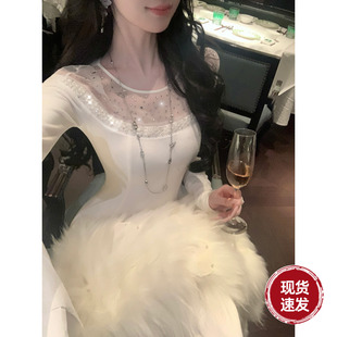 连衣裙长裙 圆领网纱烫钻长袖 Sun雅乔 香榭呢喃