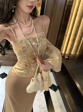 Sun雅乔【吉光越影】钉珠刺绣提花新中式吊带上衣