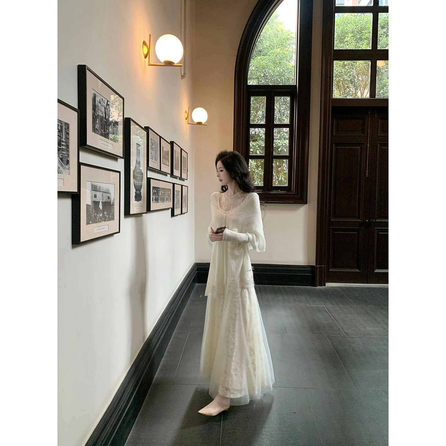 Sun雅乔【月下伊人】秋冬清冷感针织加厚网纱蕾丝拼接长袖连衣裙