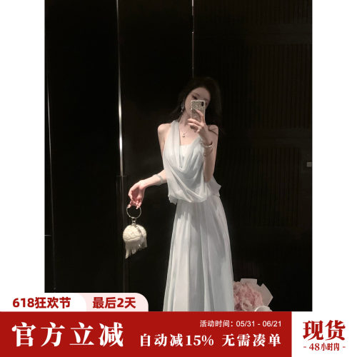 Sun雅乔【江百合】夏季气质优雅假两件不对称挂脖网纱雪纺连衣裙