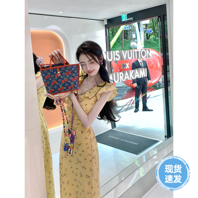 Sun雅乔【悠然假日】夏季减龄飞飞袖黄色荷叶边蝴蝶结碎花连衣裙