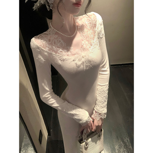 蕾丝拼接长袖 Sun雅乔 V领修身 秋冬新款 针织连衣裙长裙 长月如梦