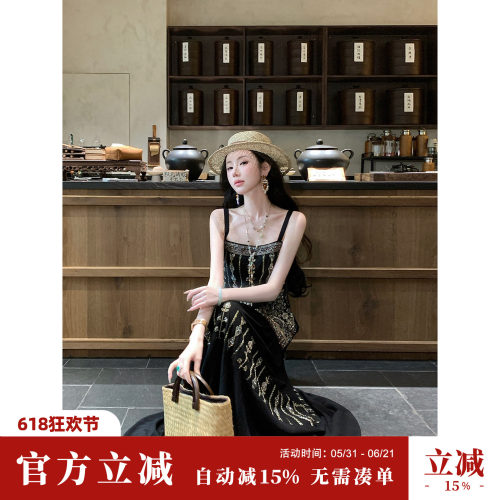 Sun雅乔【拜占庭】夏季无袖轻奢重工钉珠刺绣A字时尚大摆连衣长裙