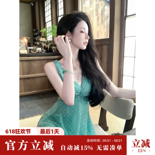 Sun雅乔【水中影】夏季新款法式复古减龄波点裙V领蕾丝边连衣裙
