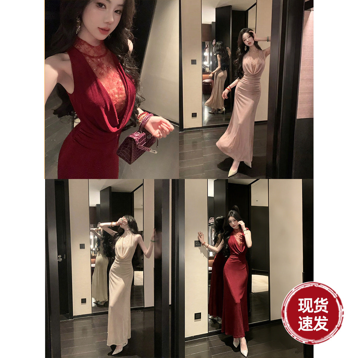 Sun雅乔【风情万种】2026春装大女主气质蕾丝网纱荡领无袖连衣裙 - 实物图