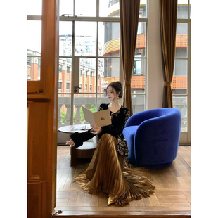 Sun雅乔【墨染芳华半裙】秋冬新款百褶裙光泽感压褶半身裙长裙