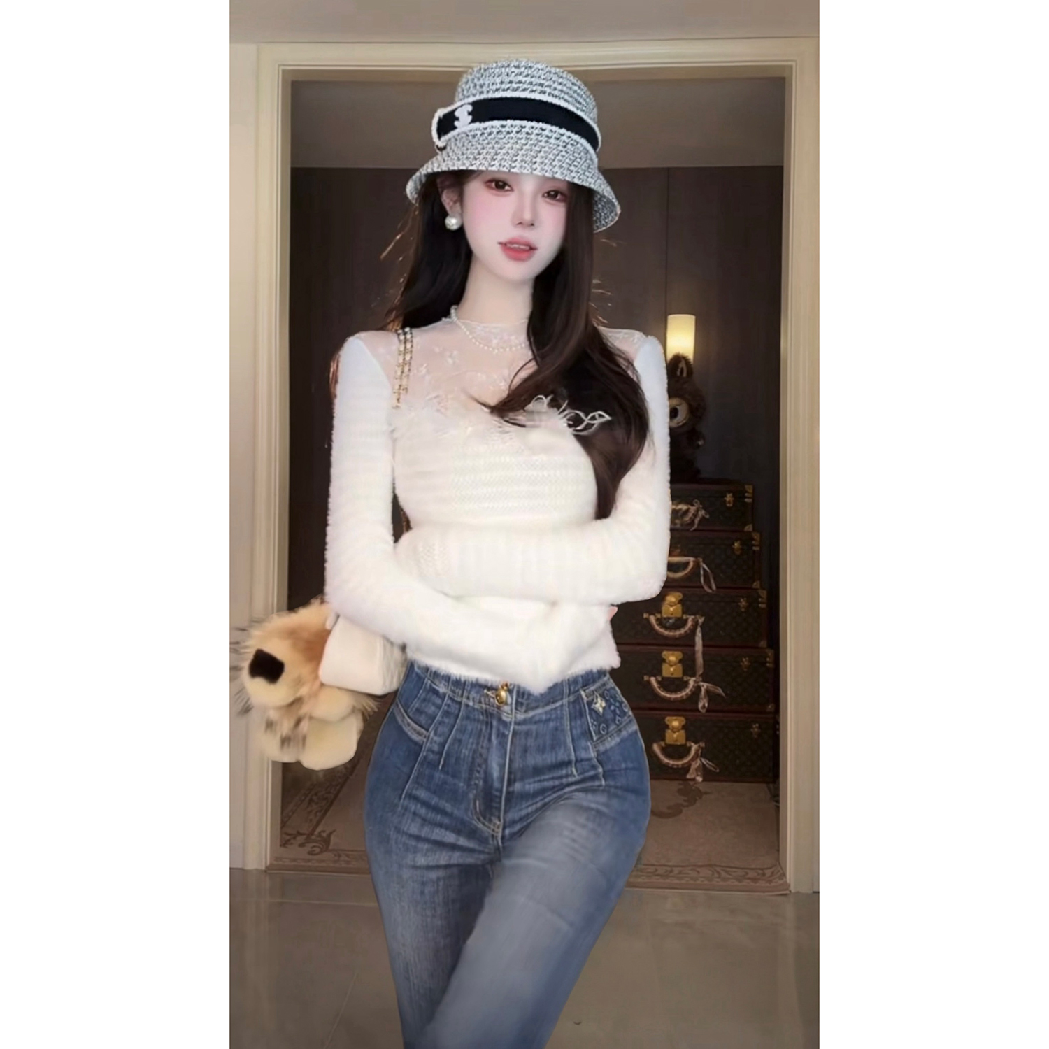 Sun雅乔【温柔乡】秋冬名媛网纱蕾丝拼接毛绒针织长袖打底衫上衣