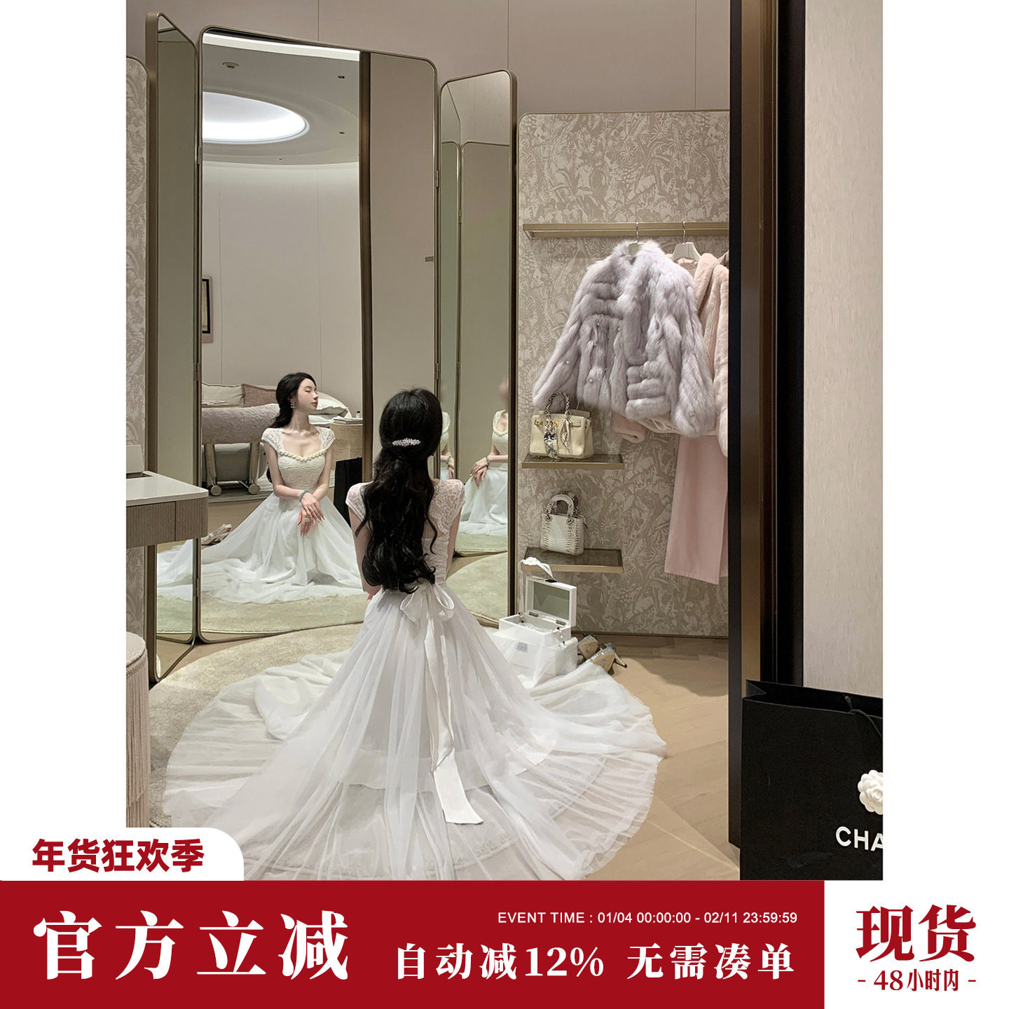 Sun雅乔【珍珠白茶】秋季韩系白月光短袖收腰蕾丝网纱大摆连衣裙,女装/女士精品,连衣裙,淘宝优惠券,粉丝福利购,淘宝优惠卷