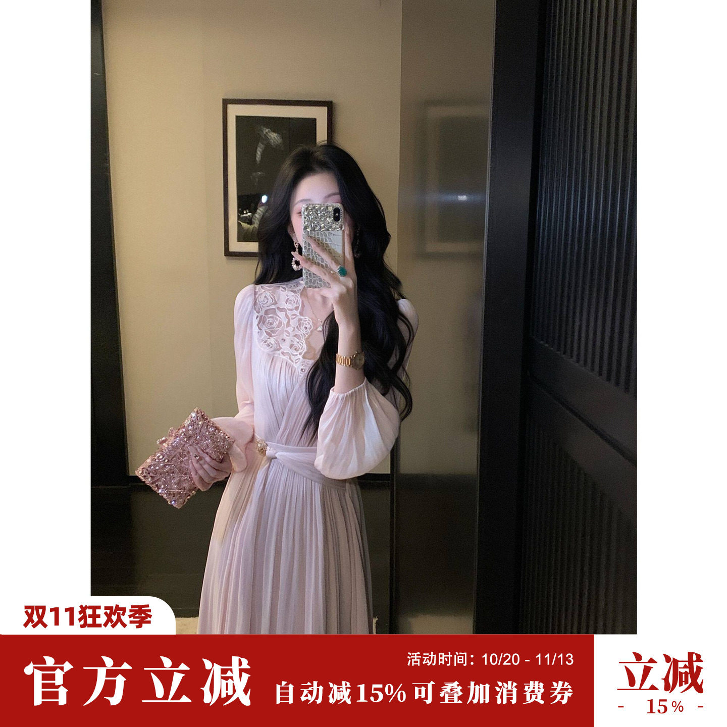 SYQIAO/Sun雅乔【月光香槟】秋冬新款V领丝光缎蕾丝拼长袖连衣裙
