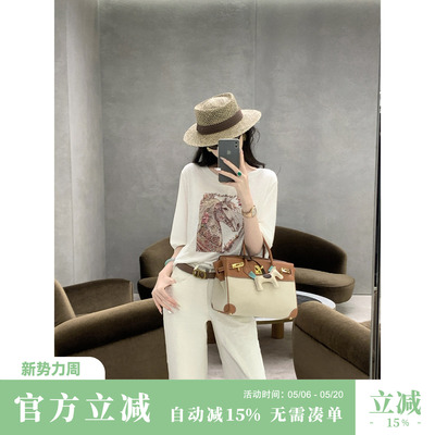 Sun雅乔【小马T】夏季薄上衣圆领轻奢骏马烫钻天丝长袖宽松T恤女