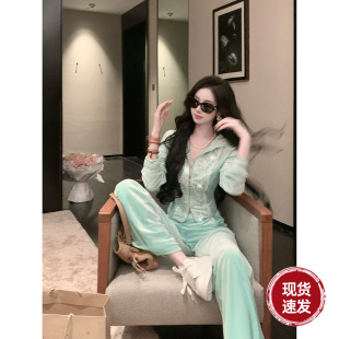 Sun雅乔【自洽美学】秋长袖连帽卫衣蕾丝亮片丝绒运动休闲套装女