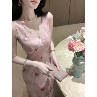 Sun雅乔【妃子笑】高定V领无袖彩金正绢21姆米红云纱桑蚕丝连衣裙