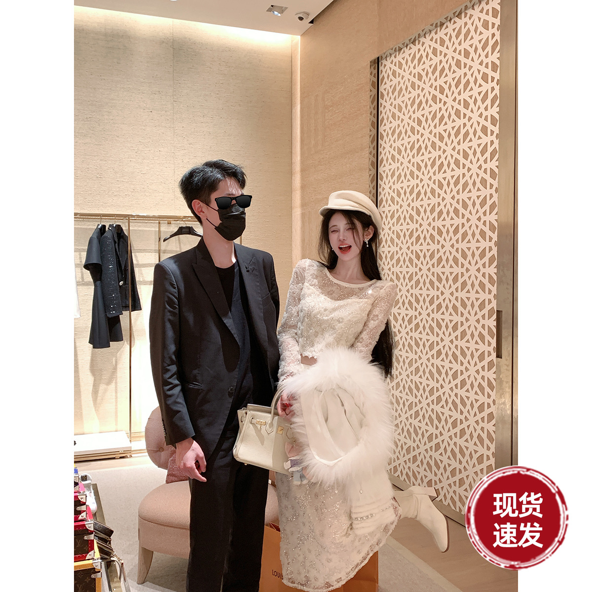 Sun雅乔【白闪闪】春冬千金风贵气立体绣花蕾丝上衣半裙两件套装