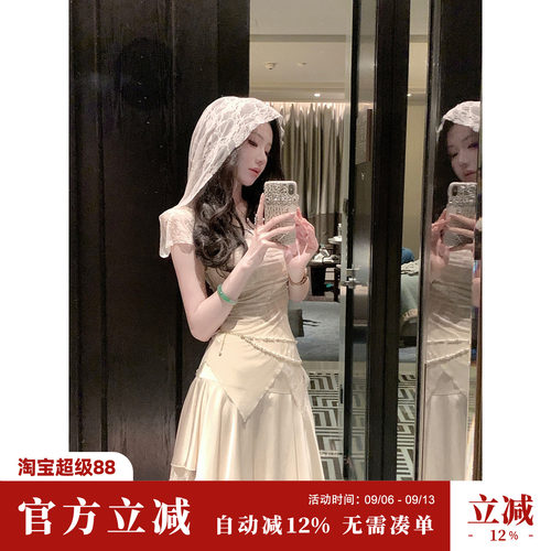 Sun雅乔【雾境神女】夏季小众设计师款中裙不对称蕾丝花边半身裙