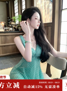 Sun雅乔【水中影】复古减龄波点裙V领蕾丝边连衣裙