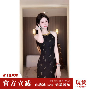 Sun雅乔【法系留学生】夏季千金风珠管蝴蝶结刺绣挂脖式连衣短裙