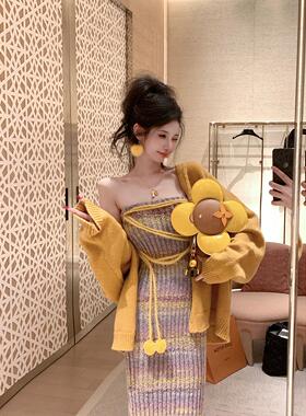 Sun雅乔【彩虹糖豆】秋冬新款弹力可爱毛衣裙渐变条纹针织连衣裙