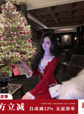 Sun雅乔【绯色密语】秋冬新款修身V领蕾丝花边红色针织连衣长裙子