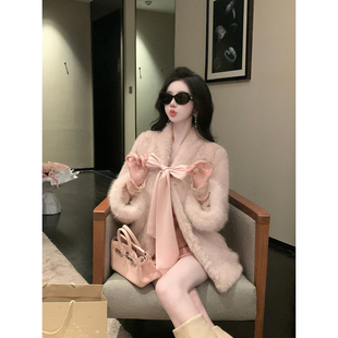 Sun雅乔【黛芙妮】冬装加厚仿皮草毛毛蝴蝶结系带环保毛绒外套女