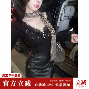 雅乔【神秘低语】秋装新款长袖针织衫黑色烫钻显瘦套头打底上衣女