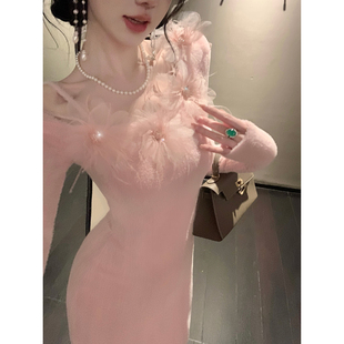 毛织连衣裙 设计感立体花朵长袖 Sun雅乔 粉色芍药