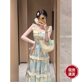 Sun雅乔 田园风度假全棉印花油画荷叶边吊带连衣长裙 海盐花信