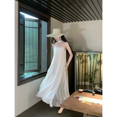 Sun雅乔【心怀山海】夏季优雅气质钉珠飘带醋酸无袖连衣长裙