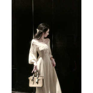 Sun雅乔【月落无声】春装长袖清冷感钉珠亮片网纱拼雪纺连衣长裙