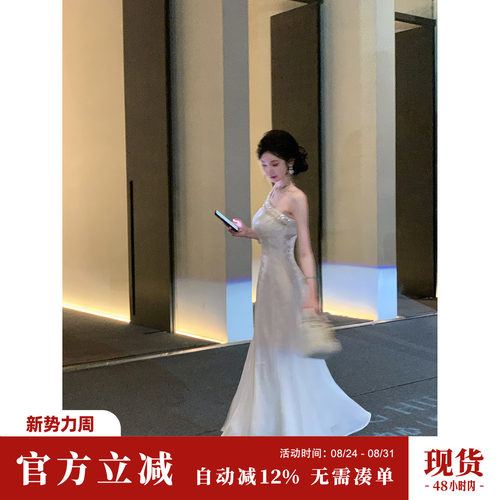 Sun雅乔【为爱致意】夏小众吊带裙轻奢时尚雪纺斜肩A字连衣长裙子