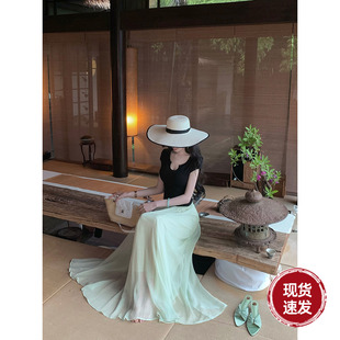 Sun雅乔【风与夏】夏季仙女裙百搭薄荷绿半身裙及地大摆雪纺长裙