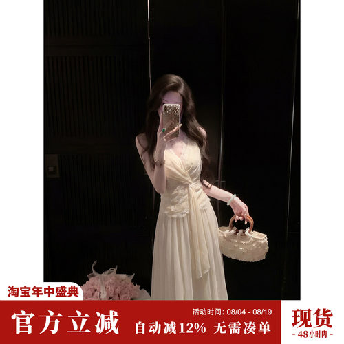 Sun雅乔【云中月色】夏季无袖白色修身缠绕褶皱收腰蕾丝腰连衣裙