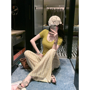 Sun雅乔【恣意骄阳】莱赛尔天丝大U领短袖T恤上衣女夏