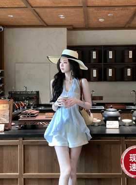 Sun雅乔【浅夏清和】夏季花苞娃娃衫设计感蓝色V领挂脖天丝上衣女