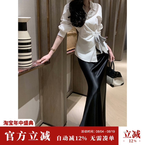 Sun雅乔【都市序章】秋装新款气质醋酸裙时尚及地黑色半身长裙女