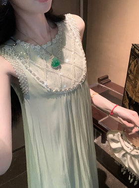 Sun雅乔【清花赋】新款无袖宽松A字裙重工珍珠流光缎背心式连衣裙