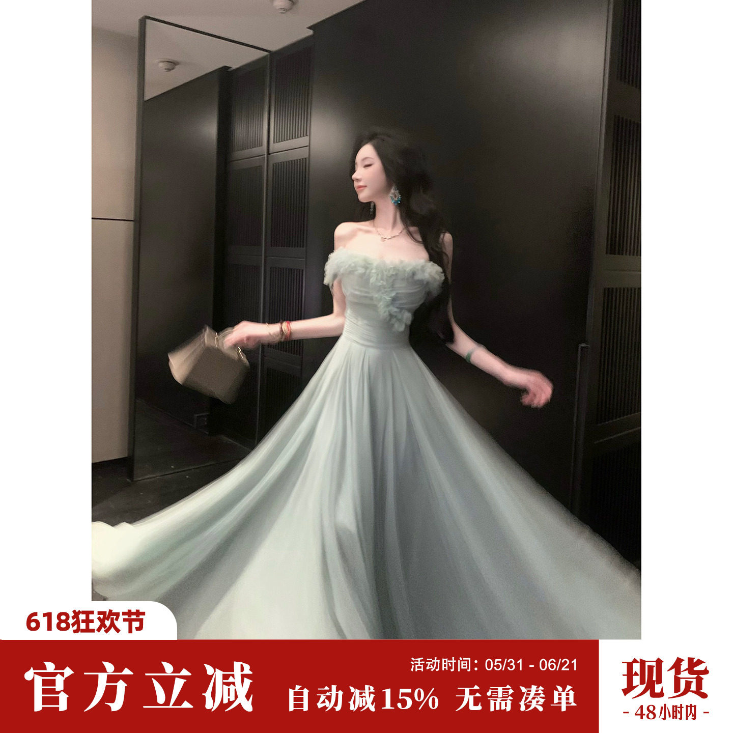 Sun雅乔【青空之境】夏装超仙儿A字立体花朵收腰大摆网纱连衣长裙