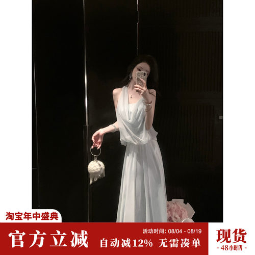 Sun雅乔【江百合】夏季气质优雅假两件不对称挂脖网纱雪纺连衣裙