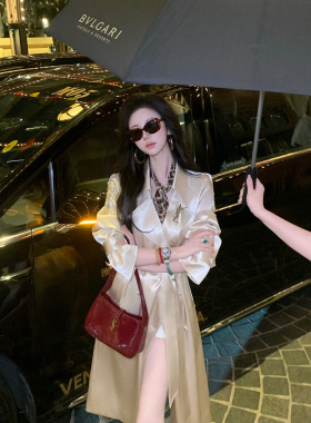 Sun雅乔【绝代风华2.0】春装长袖轻奢高级鎏金缎中长款风衣外套女